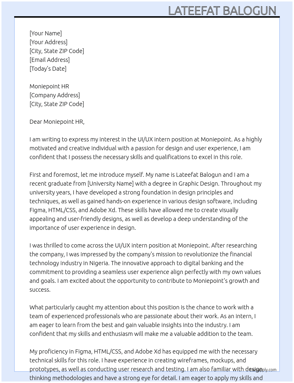 UI/UX intern At Moniepoint Cover Letter