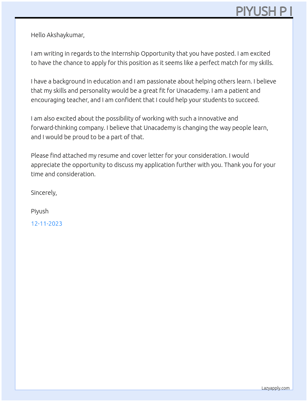 Internship Opportunity  At  Unacademy Cover Letter