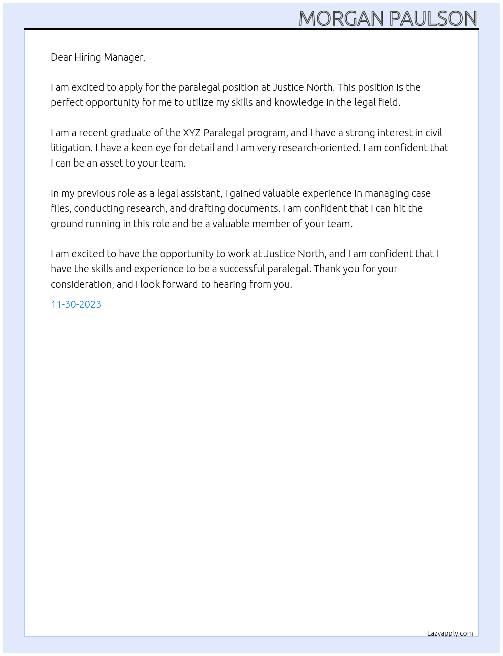 Paralegal At Justice North Cover Letter