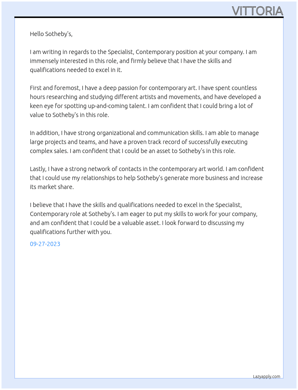 Specialist, Contemporary At Sotheby's Cover Letter