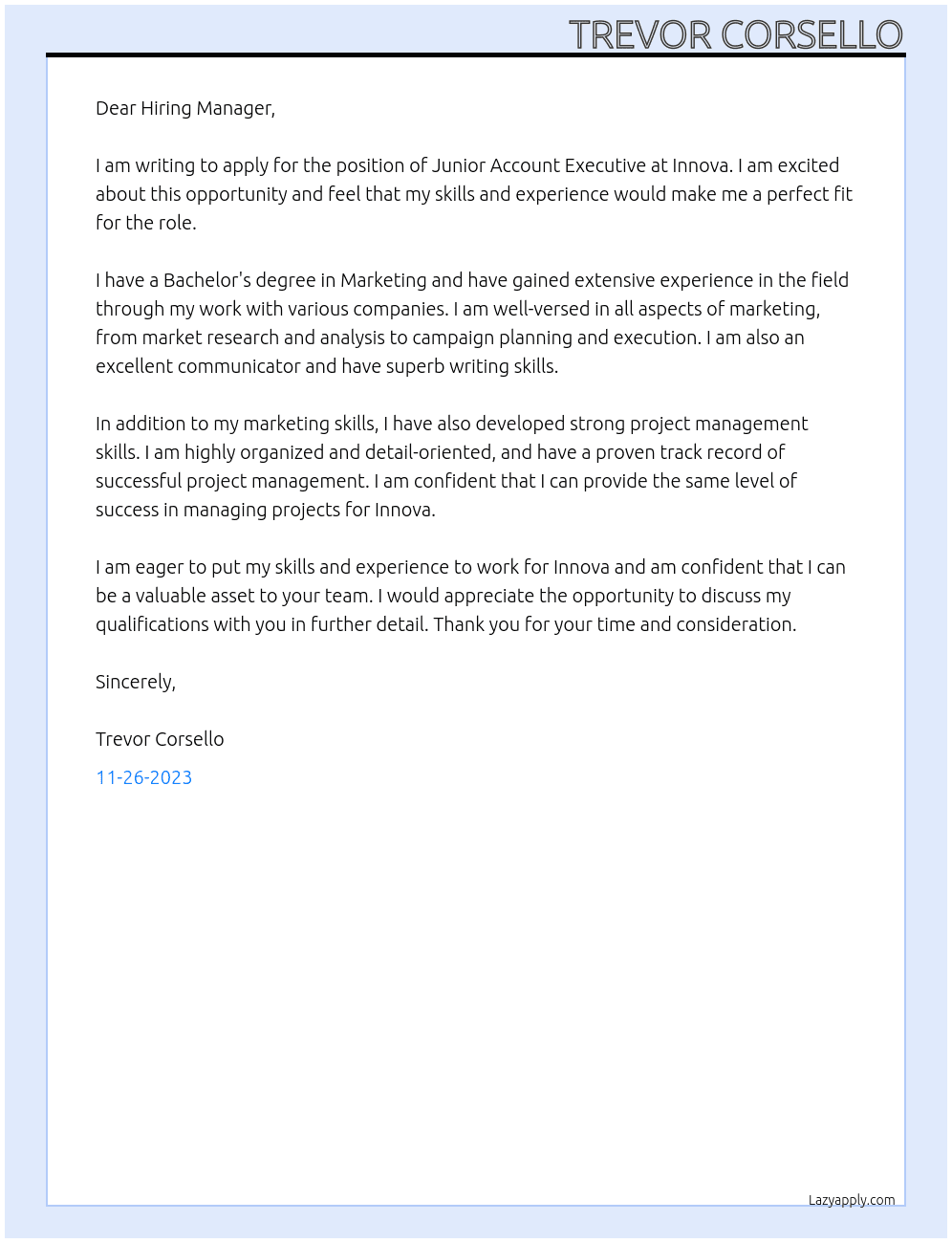 Junior Account Executive At Innova Cover Letter