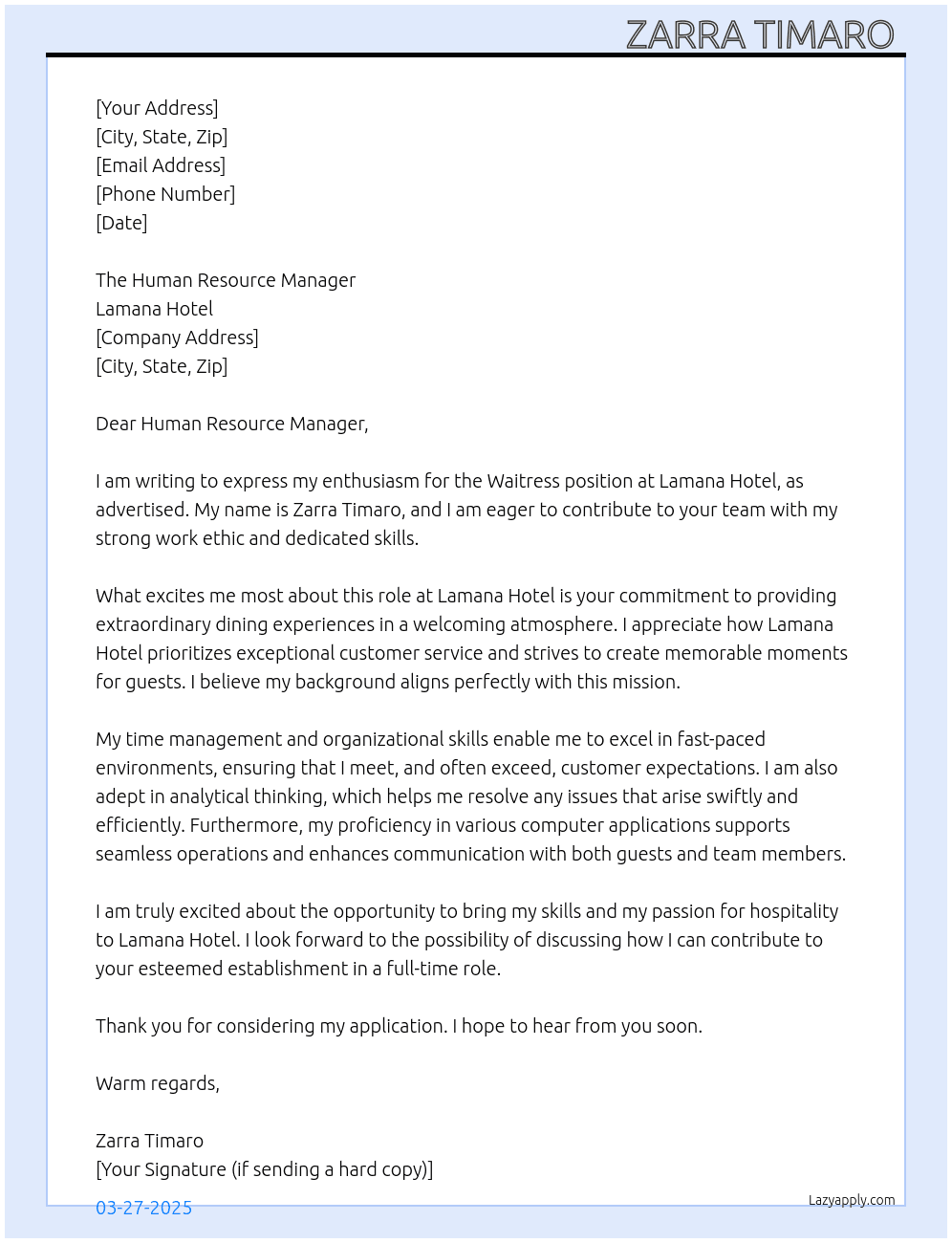 Waitress At Lamana Hotel Cover Letter