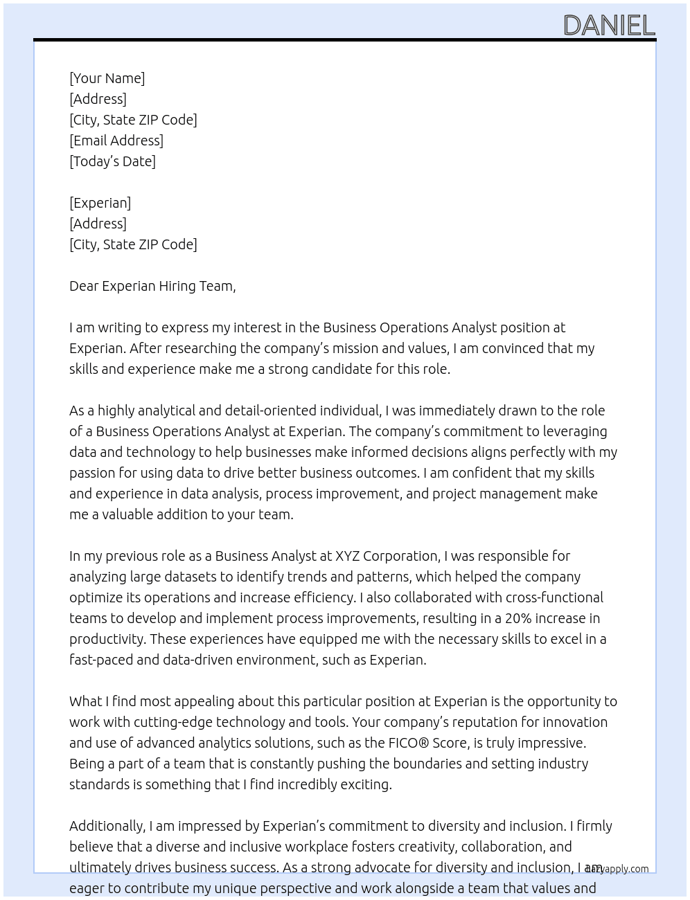 Business operations analyst At Experian Cover Letter