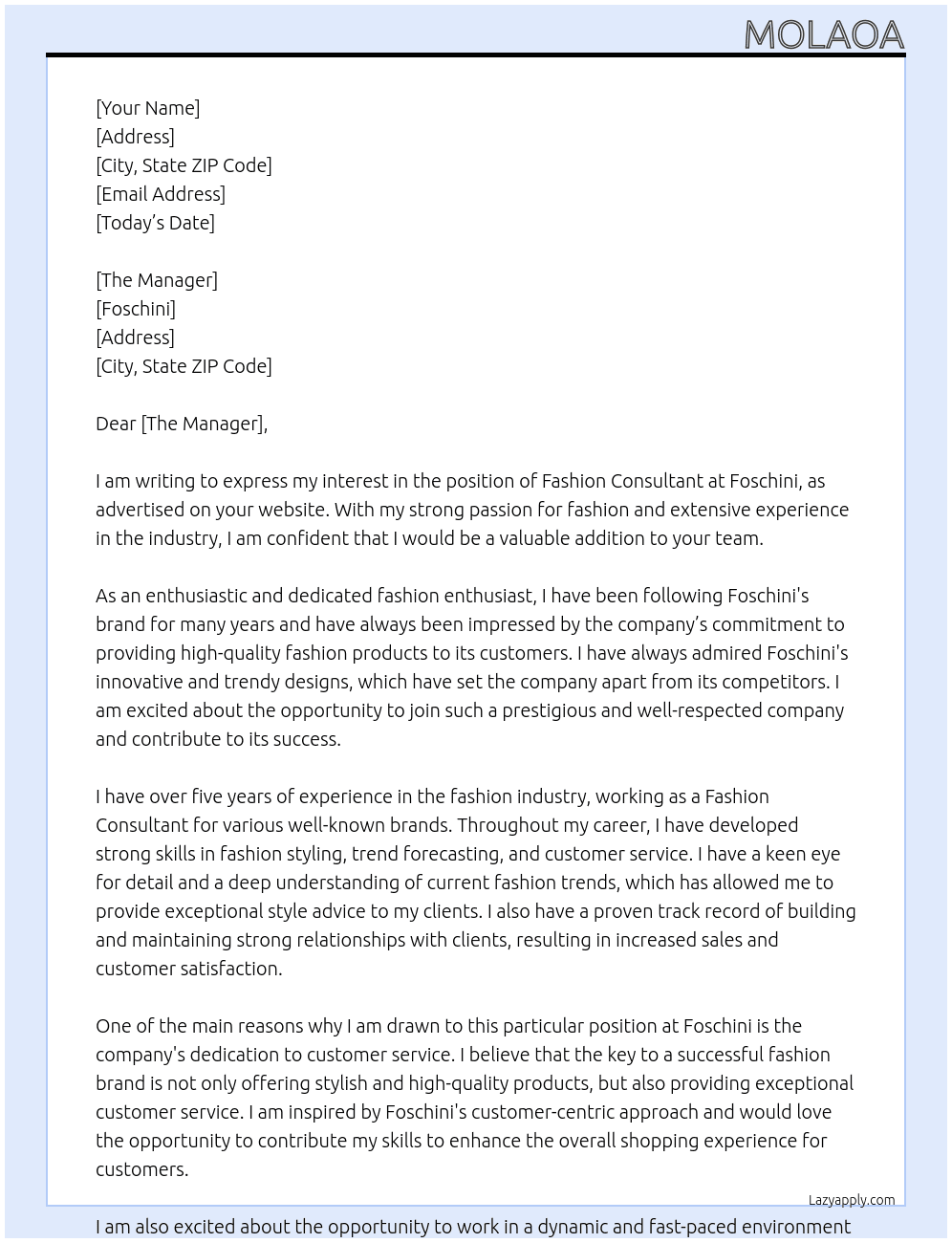 Fashion consultant  At Foschini  Cover Letter