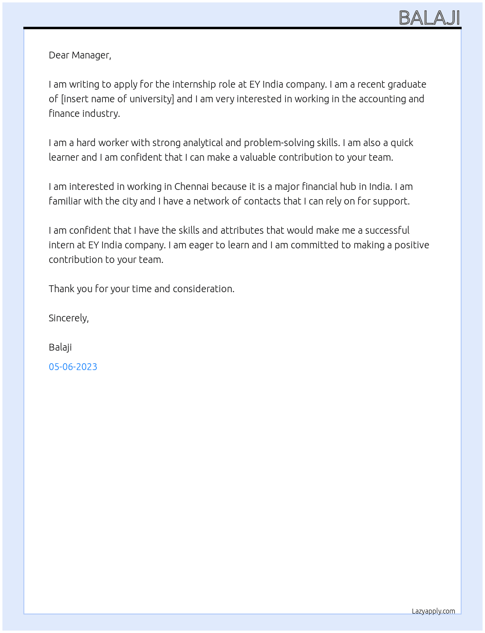 Advanced At EY INDIA company Cover Letter