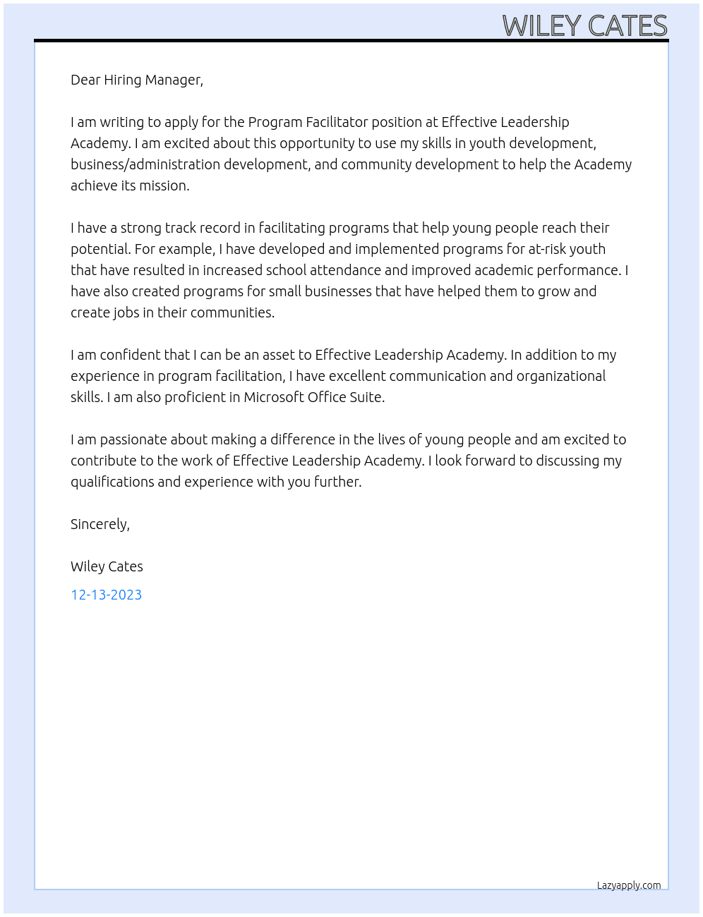 Program Facilitator  At Effective Leadership Academy  Cover Letter