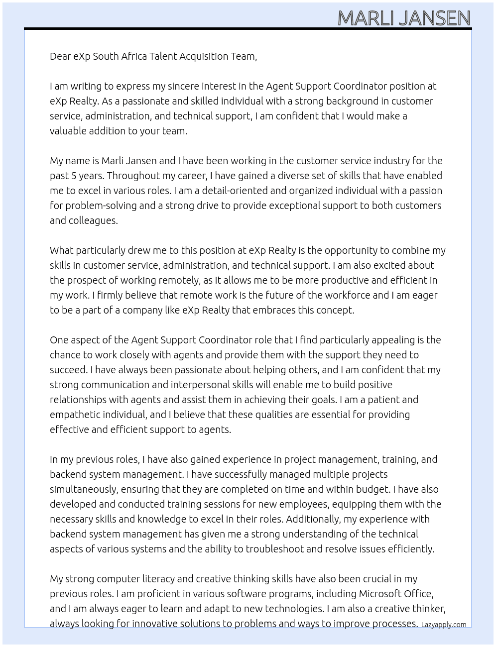 Agent Support Coordinator At eXp Realty Cover Letter
