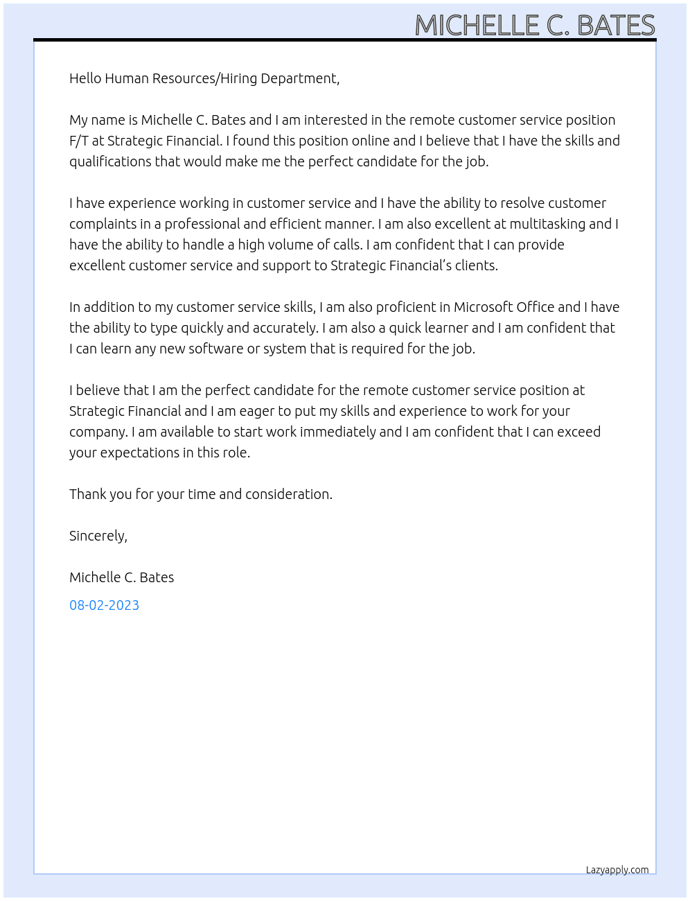 Remote Customer Service Position F/T At Strategic Financial  Cover Letter
