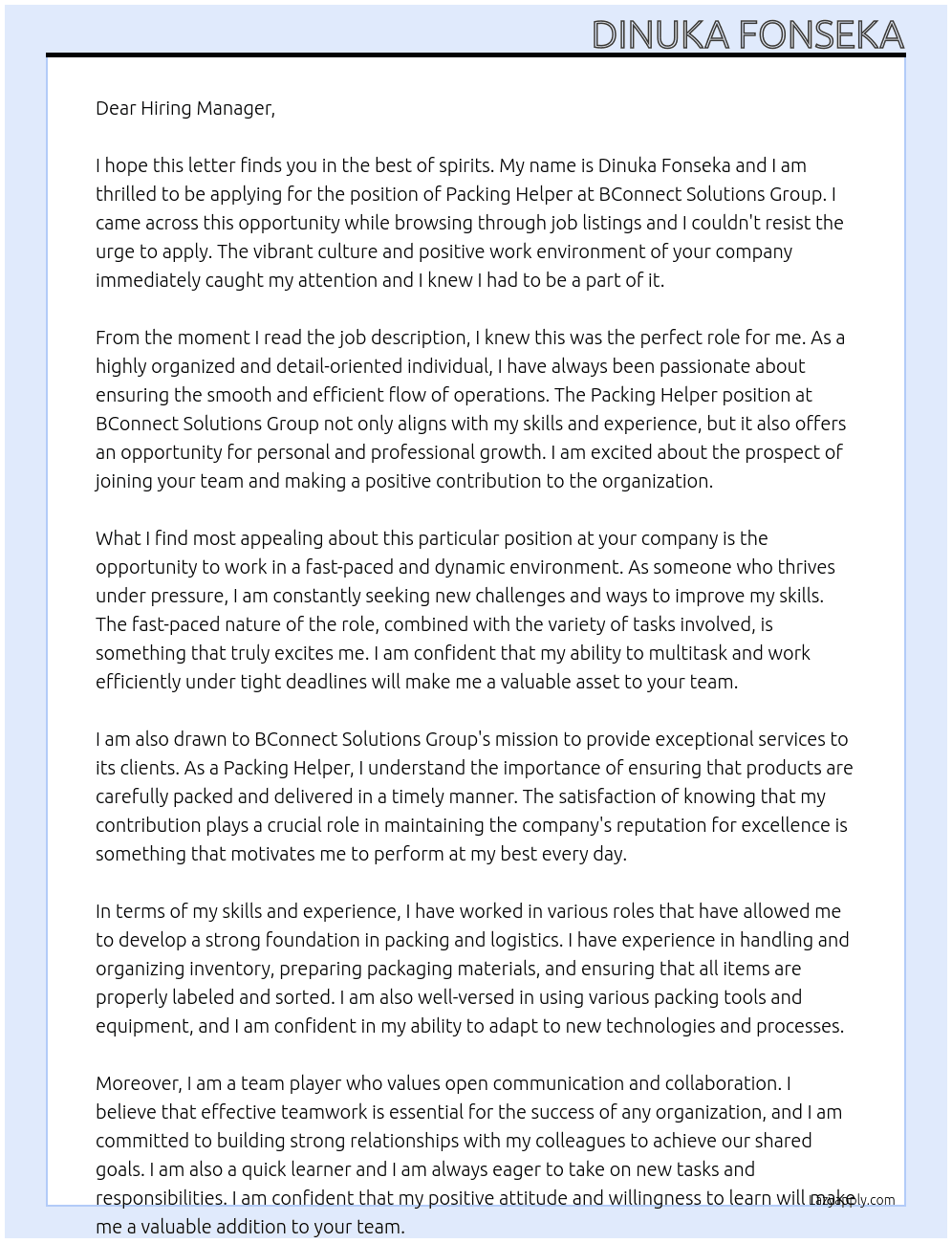 Packing Helper At BConnect Solutions Group Cover Letter