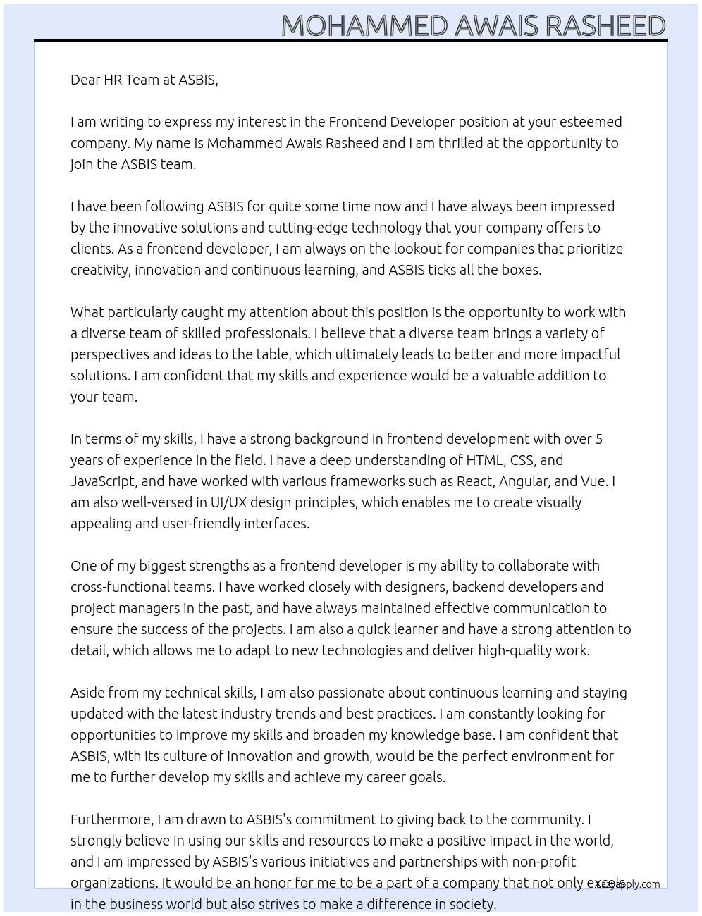 Frontend Developer At ASBIS Cover Letter