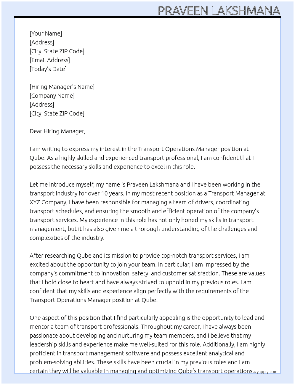 Transport Operations Manager At Qube Cover Letter