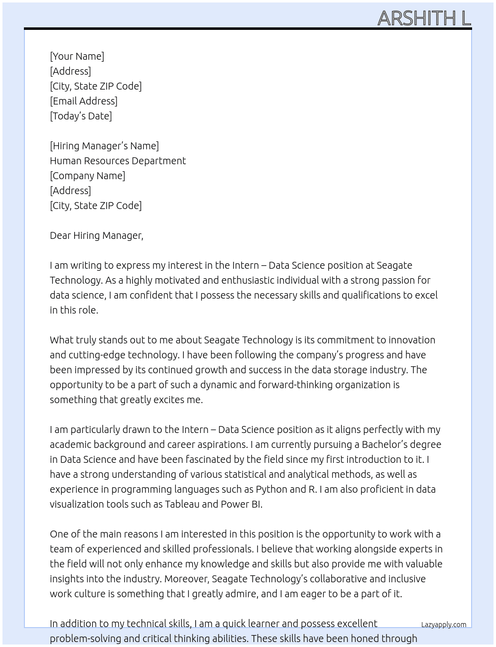 Intern - Data Science At Seagate Technology Cover Letter