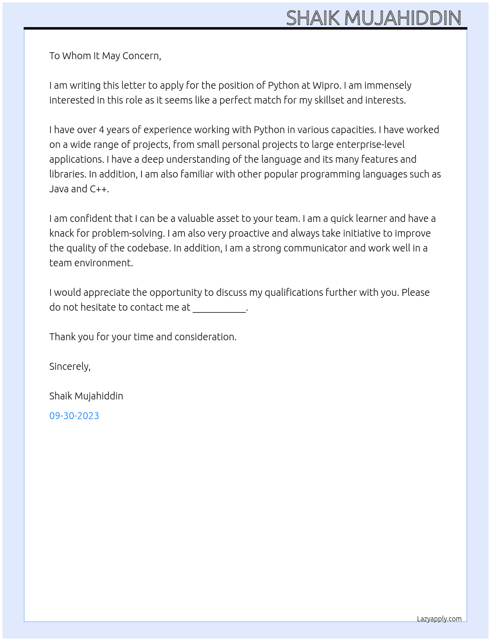 Python  At Wipro  Cover Letter