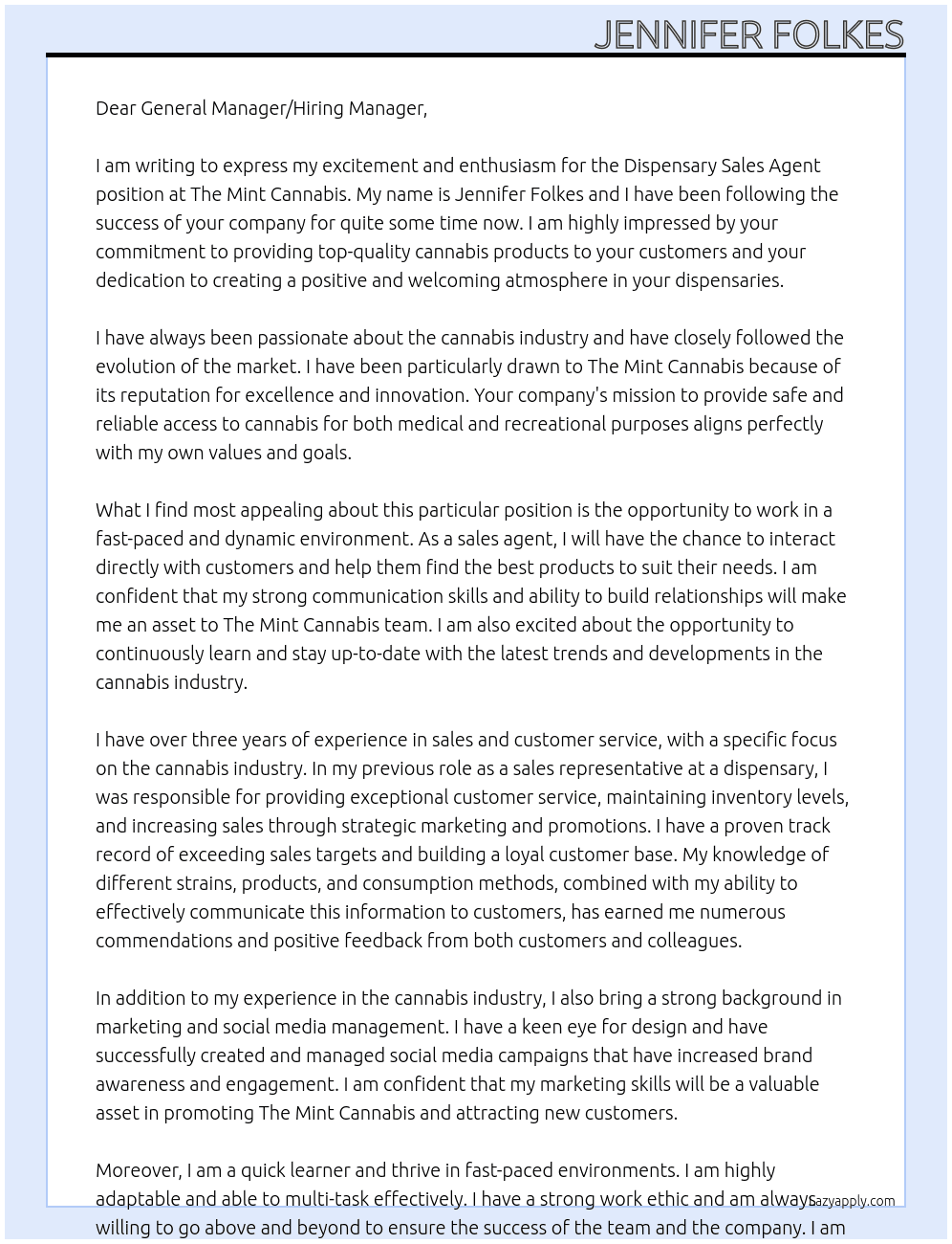 Dispensary sales agent At The Mint Cannabis  Cover Letter