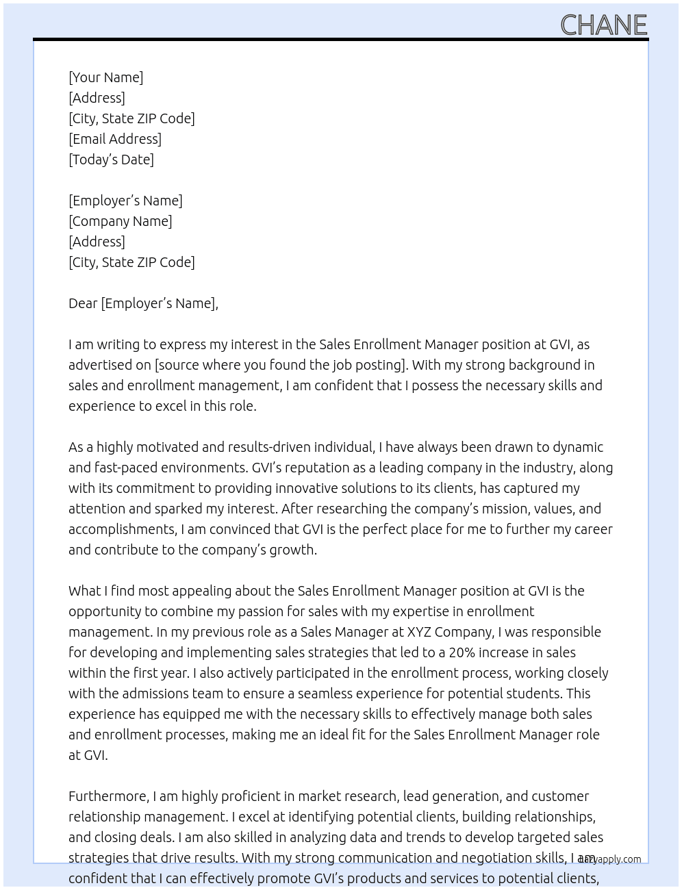 Sales Enrollment Manager At GVI Cover Letter