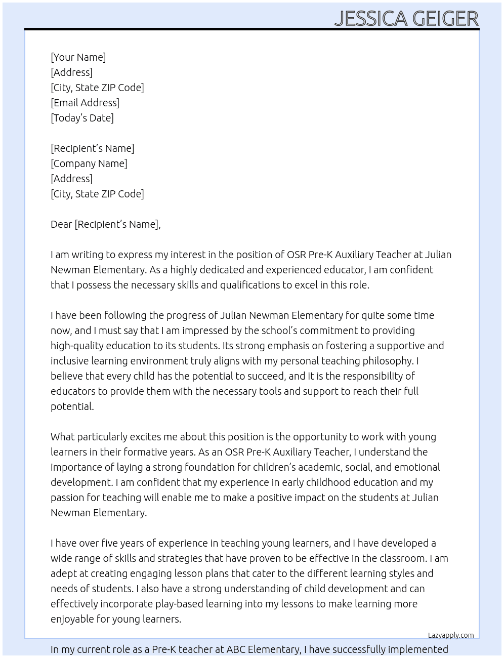 OSR Pre-K Auxiliary Teacher At Julian Newman Elementary Cover Letter
