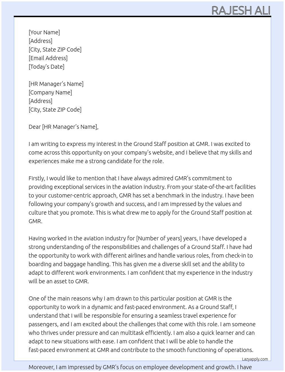 Ground Staff At GMR Cover Letter