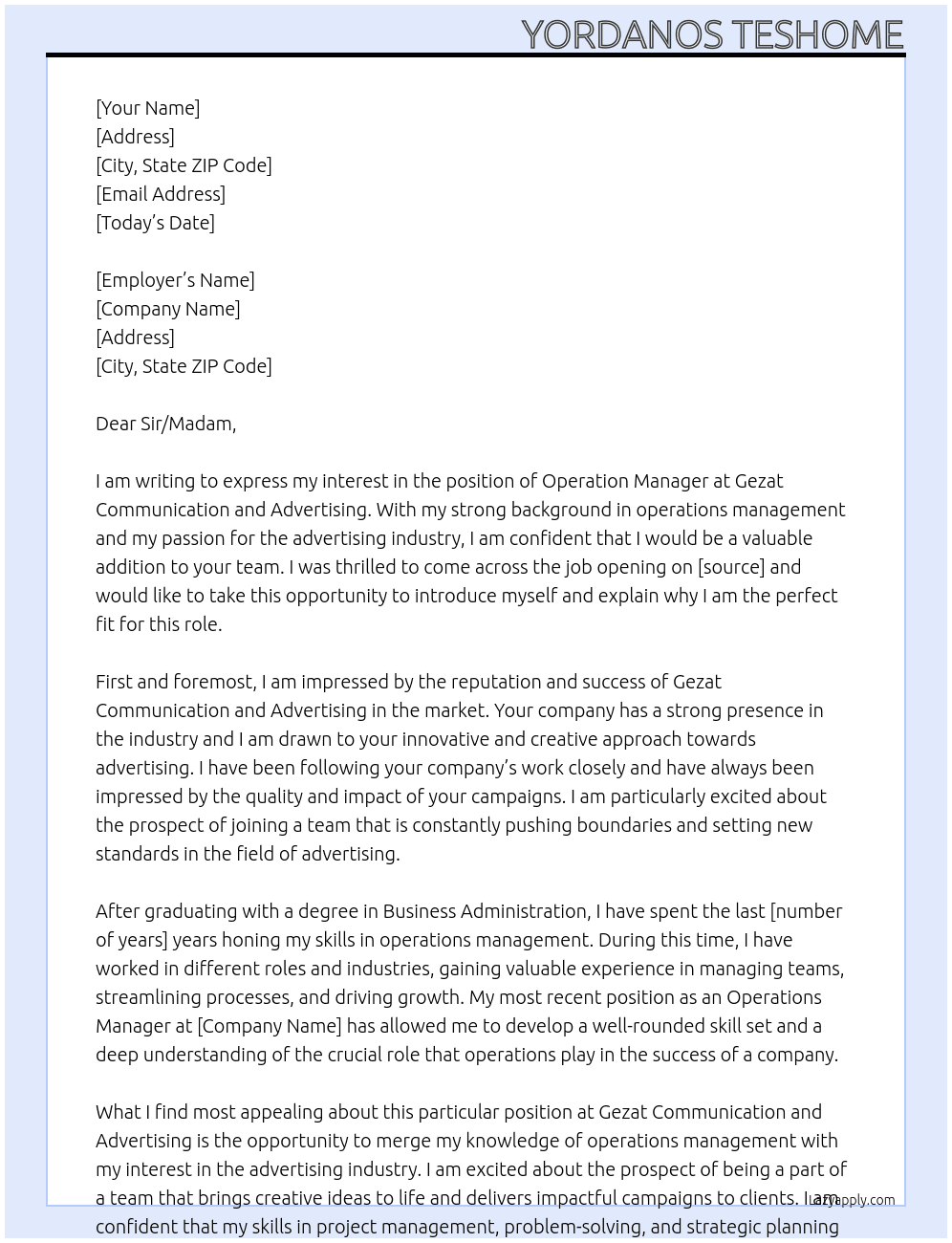 Operation manager  At Gezat communication end advertising  Cover Letter