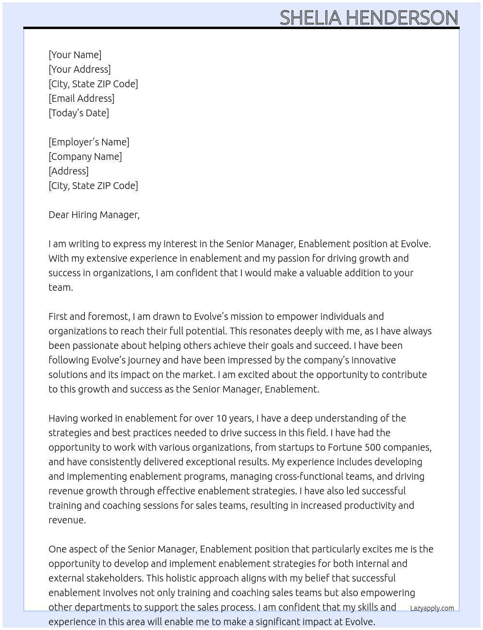 Senior Manager, Enablement At Evolve Cover Letter
