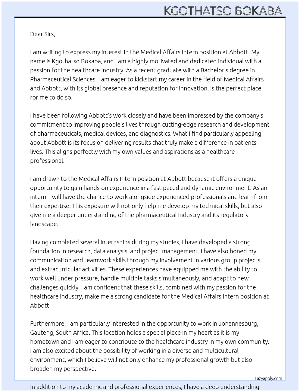 Medical Affairs Intern At Abbott Cover Letter