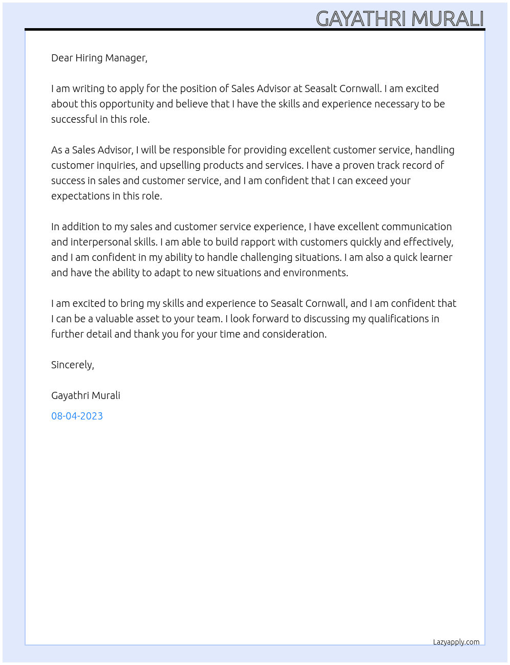 Sales Advisor At Seasalt cornwall Cover Letter