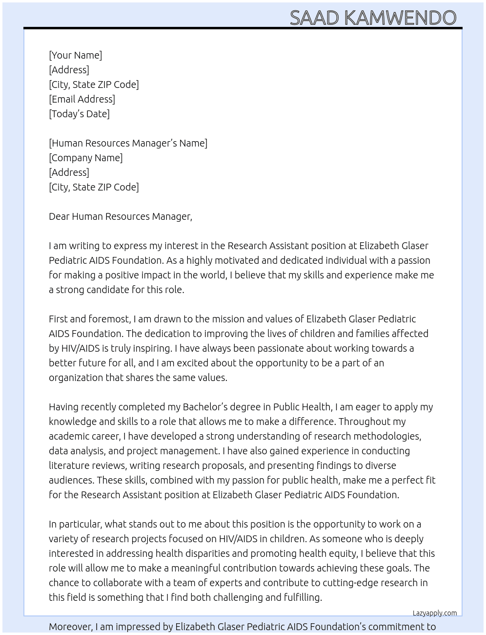 Research Assistant  At Elizabeth Glaser Pediatric AIDS Foundation Cover Letter