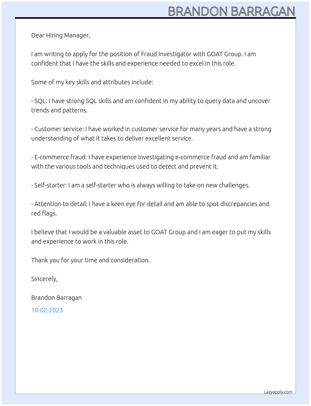 Fraud Investigstor At GOAT Group Cover Letter