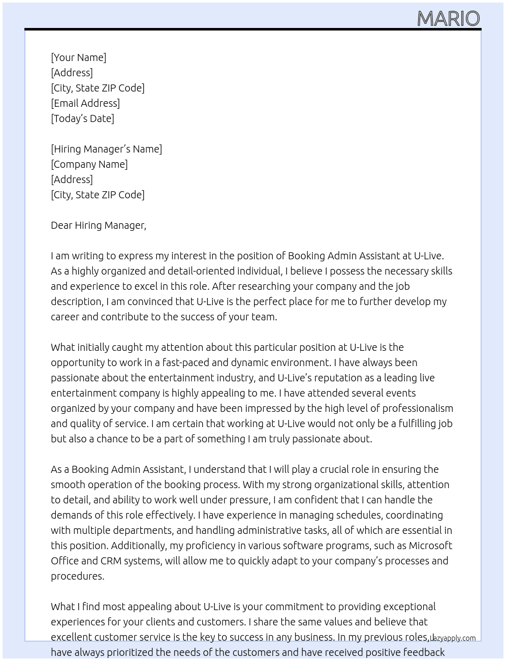 Booking Admin Assistant At U-Live Cover Letter