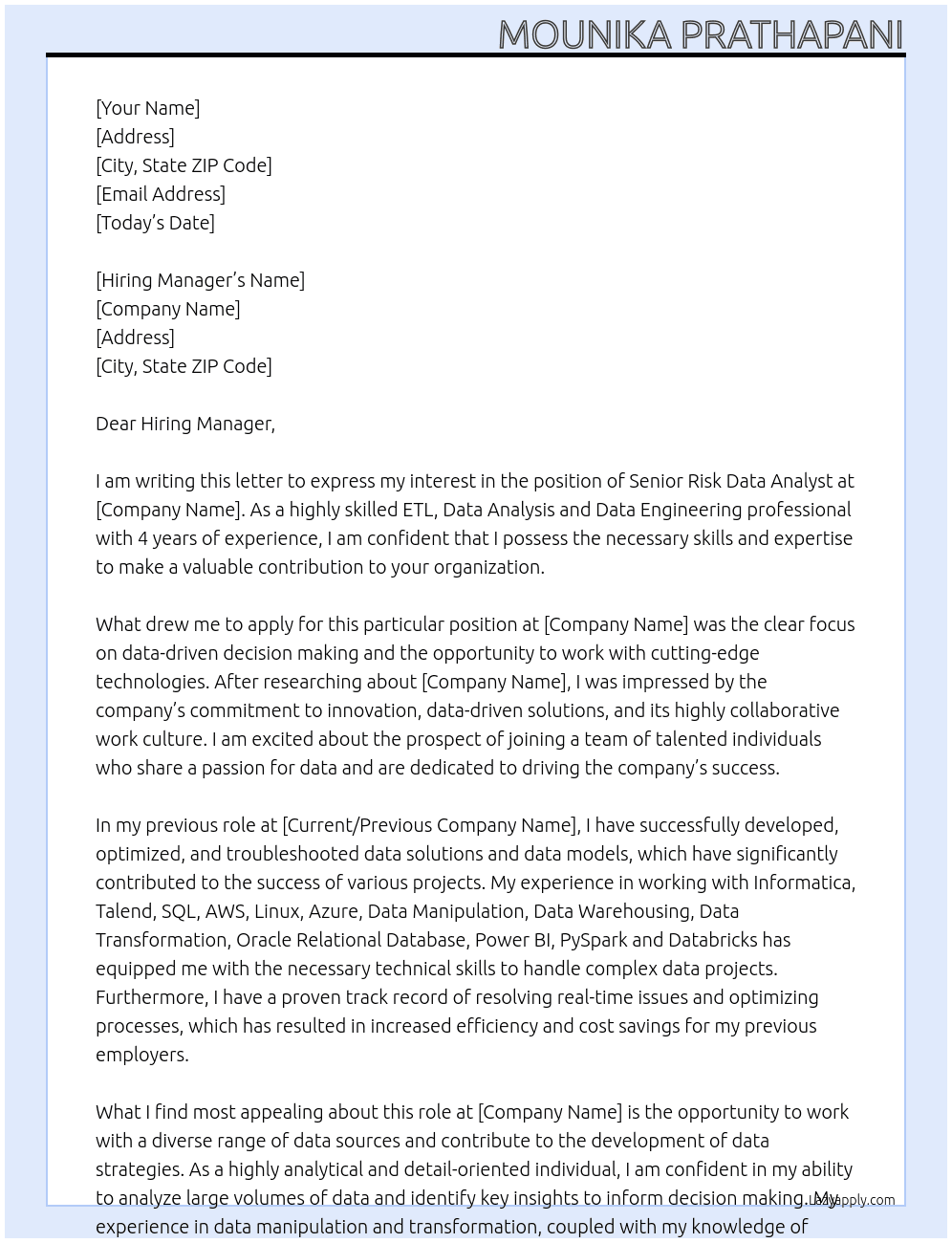 Senior Risk Data Analyst At sardine Cover Letter