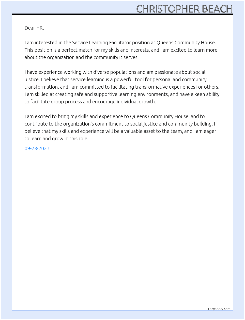 Service Learning Facilitator  At Queens Community House Cover Letter