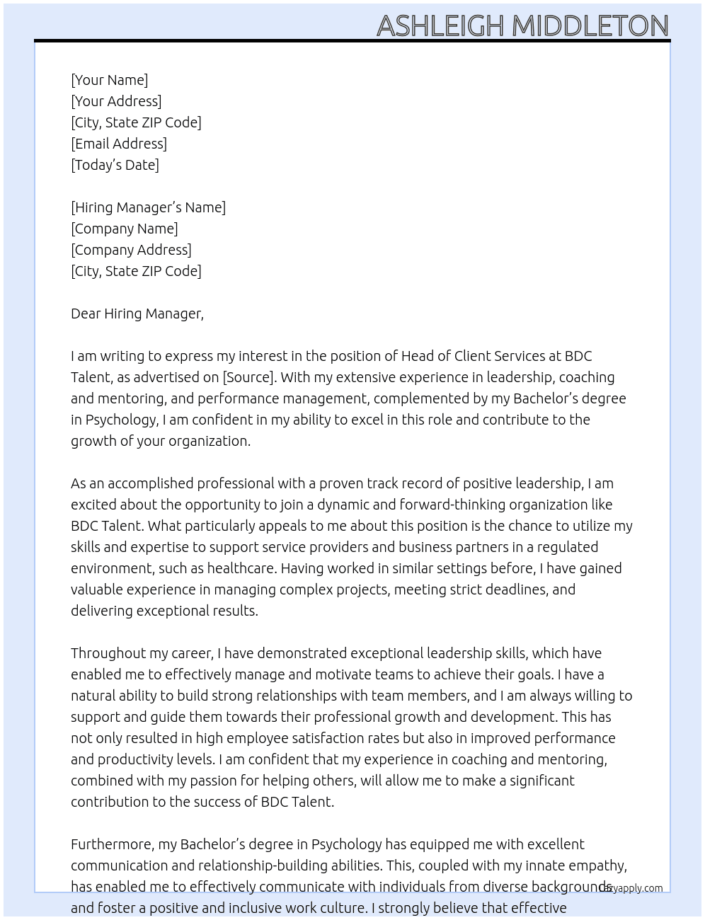 Head of Client Services At BDC Talent Cover Letter