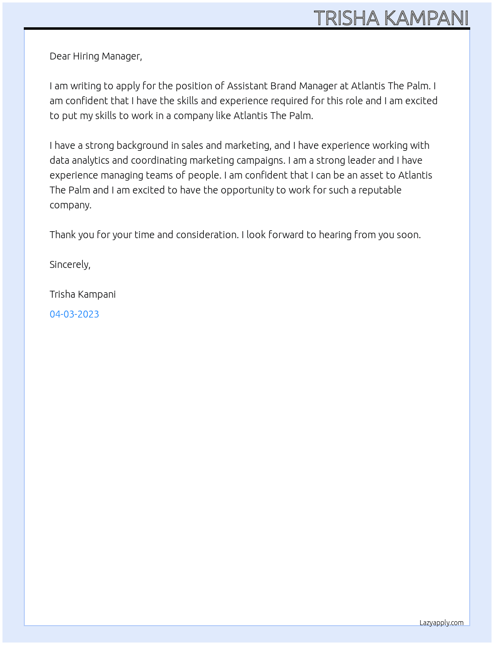 Assistant Brand Manager At Atlantis The Palm Cover Letter