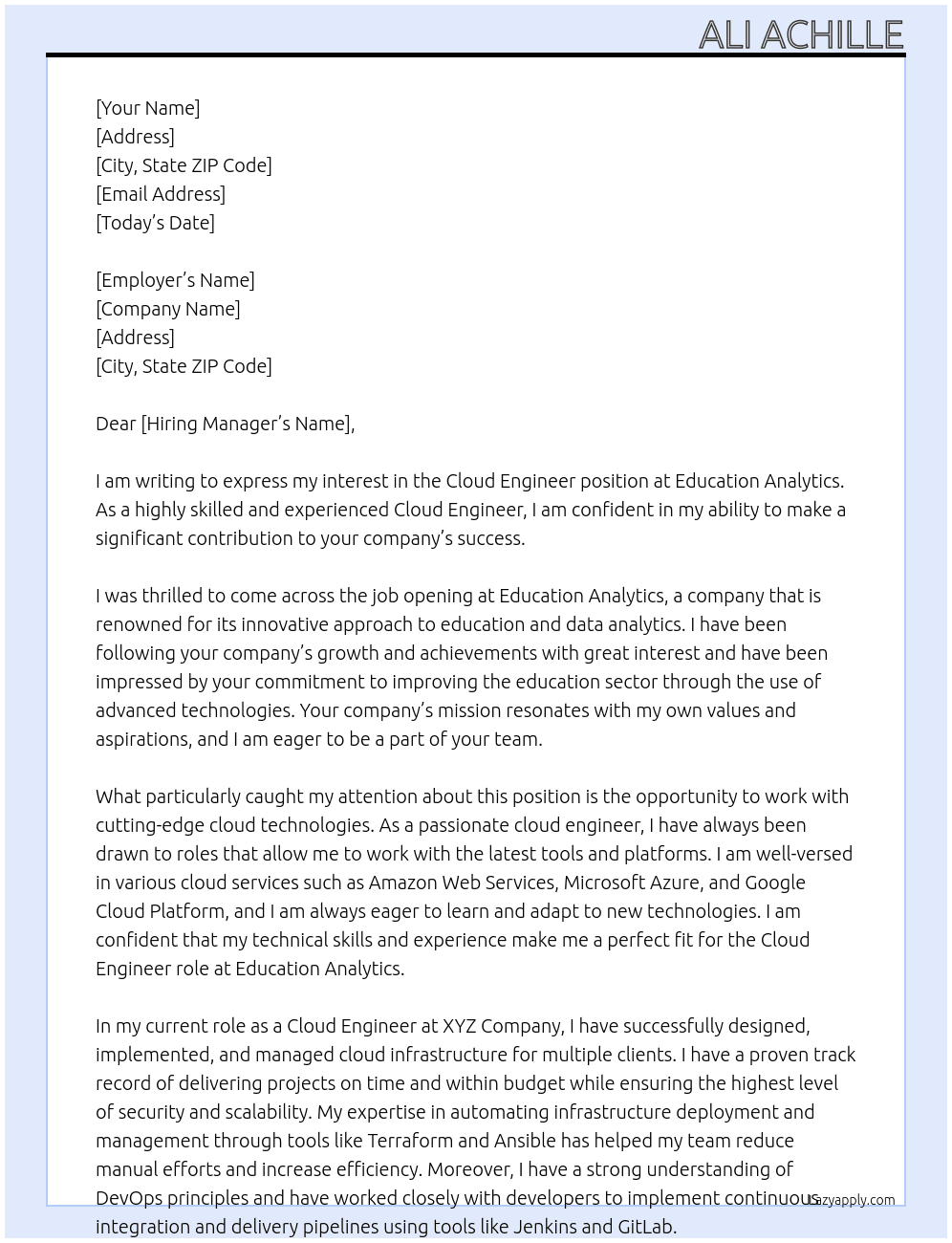 Cloud Engineer At Education Analytics Cover Letter