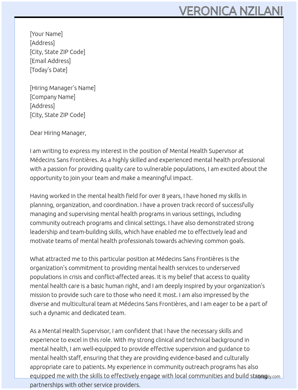 MENTAL HEALTH SUPERVISOR At MEDECINS SANA FRONTIERES Cover Letter