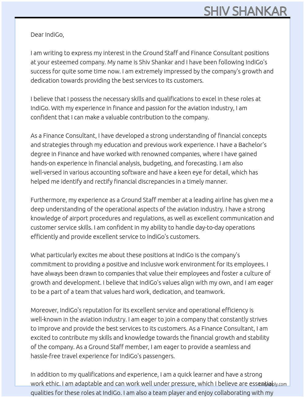 Cover letter for ground staff, finance consultant - LazyApply