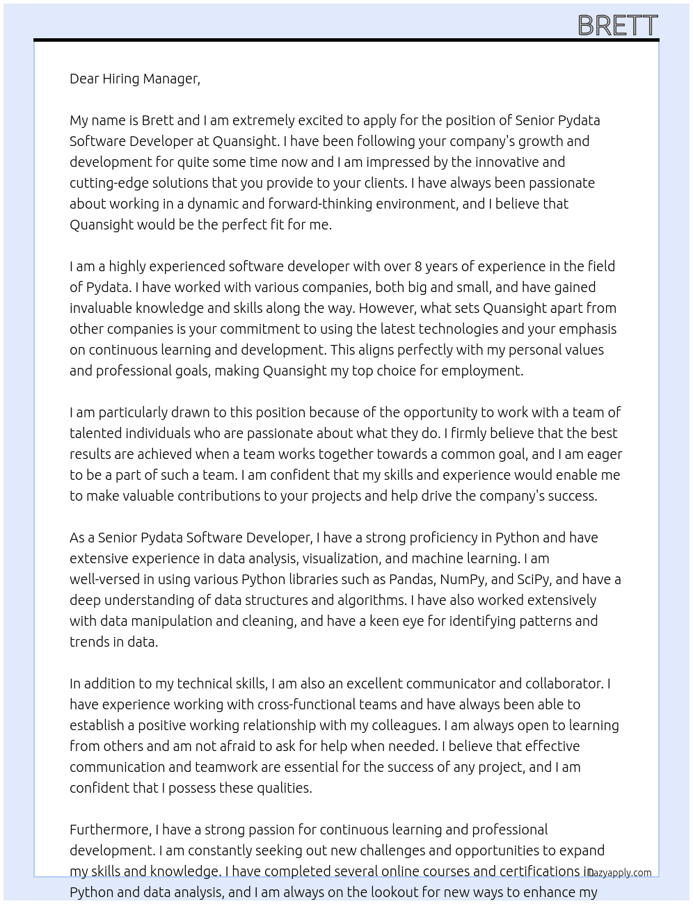 Senior Pydata Software Developer At Quansight Cover Letter