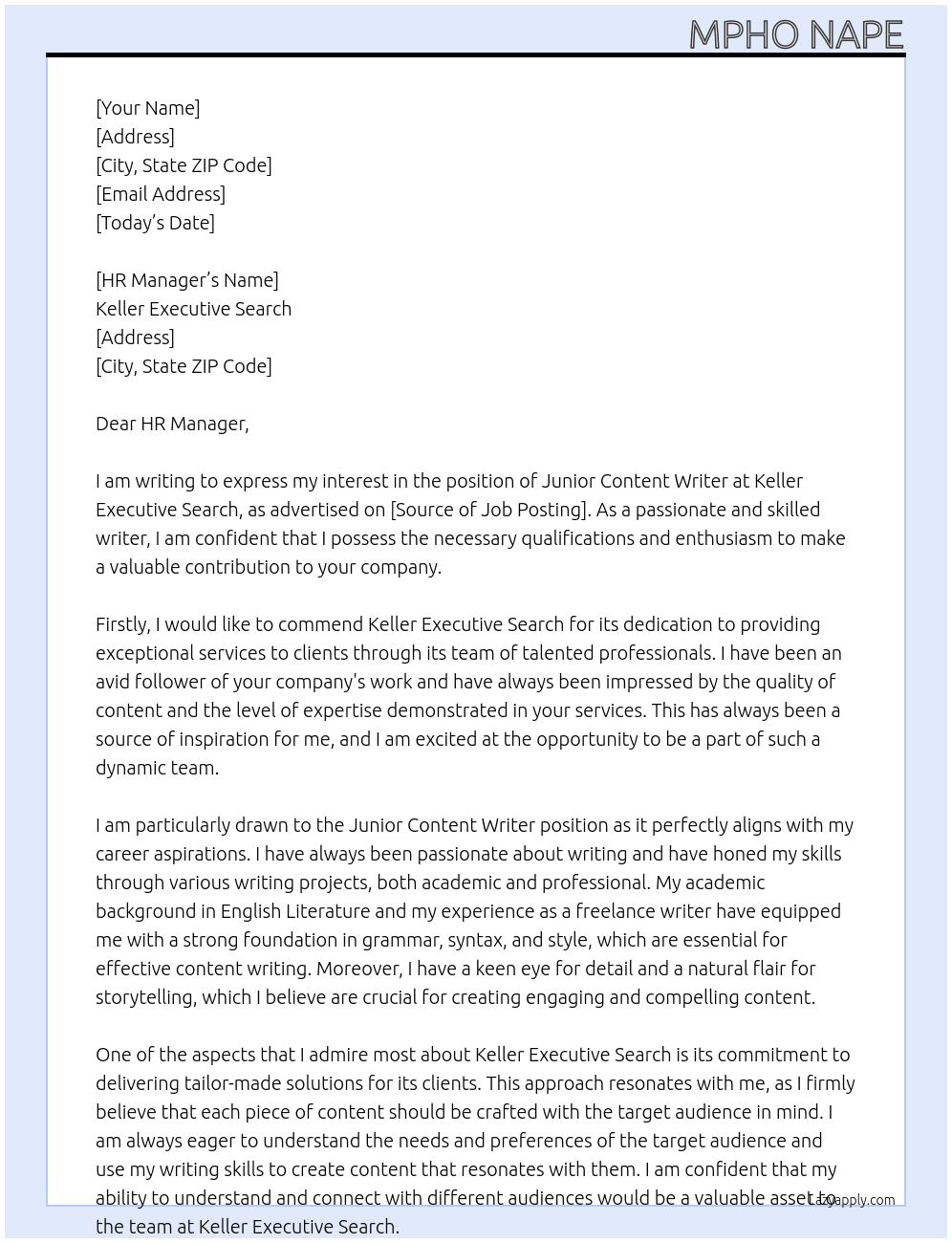 Junior Content Writer At Keller Executive Search  Cover Letter