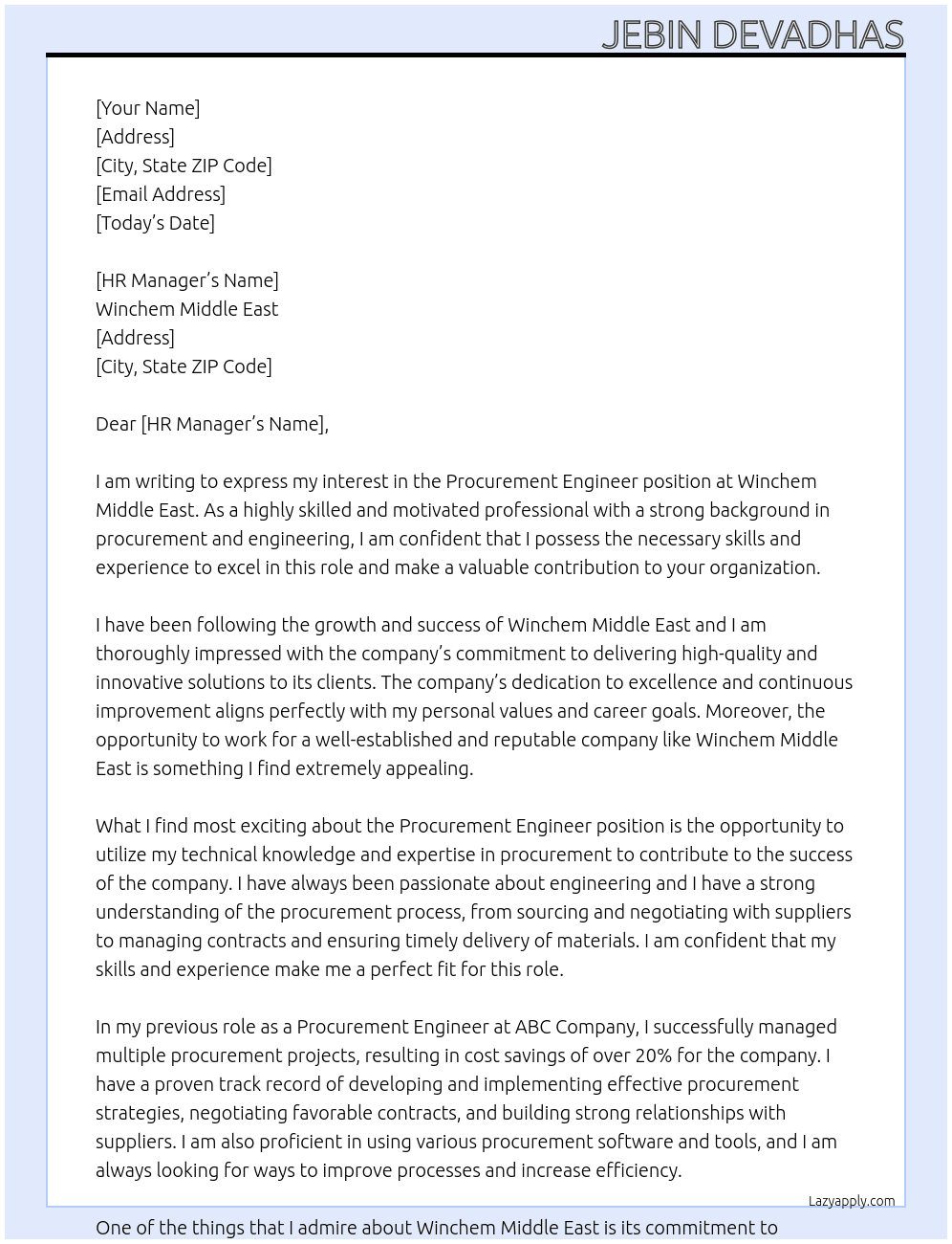 Procurement Engineer At Winchem Middle East Cover Letter