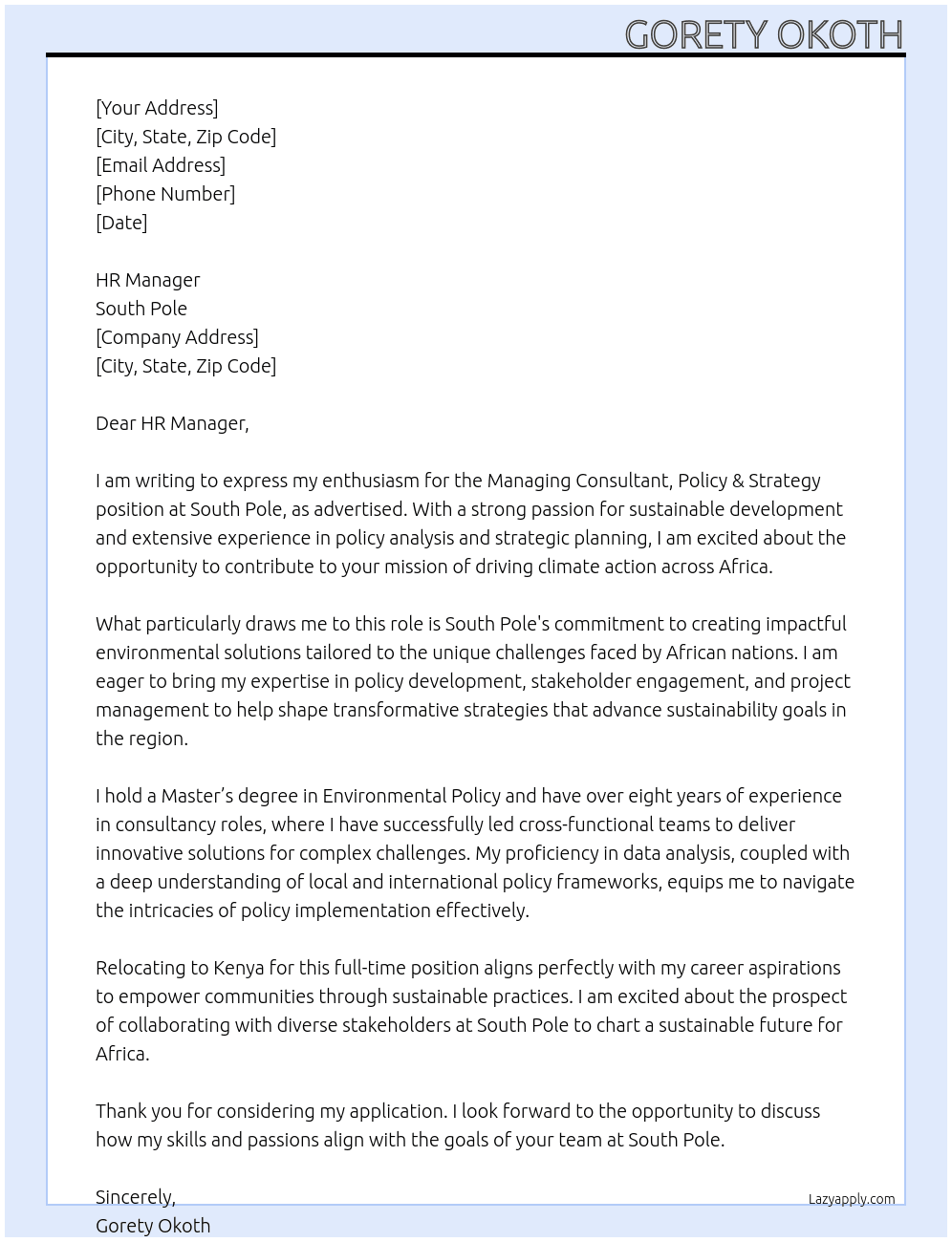 Managing Consultant, Policy & Strategy, Africa At South Pole  Cover Letter