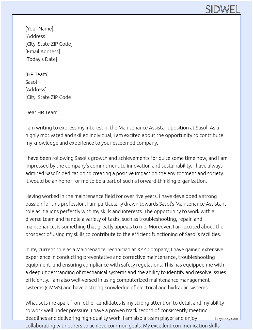 maintenance assistant At Sasol Cover Letter