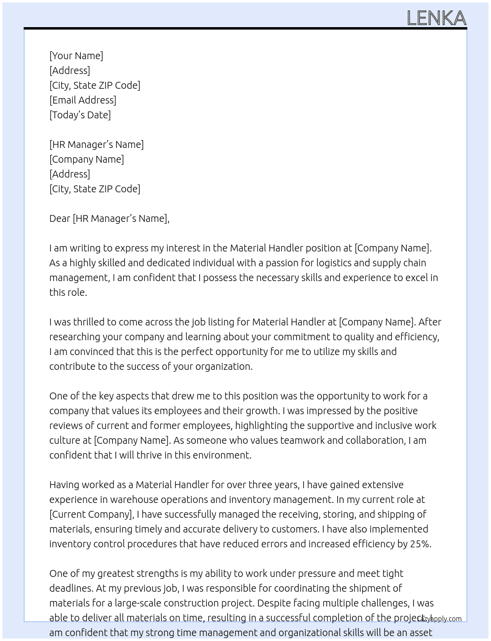 material handler At DM Cover Letter