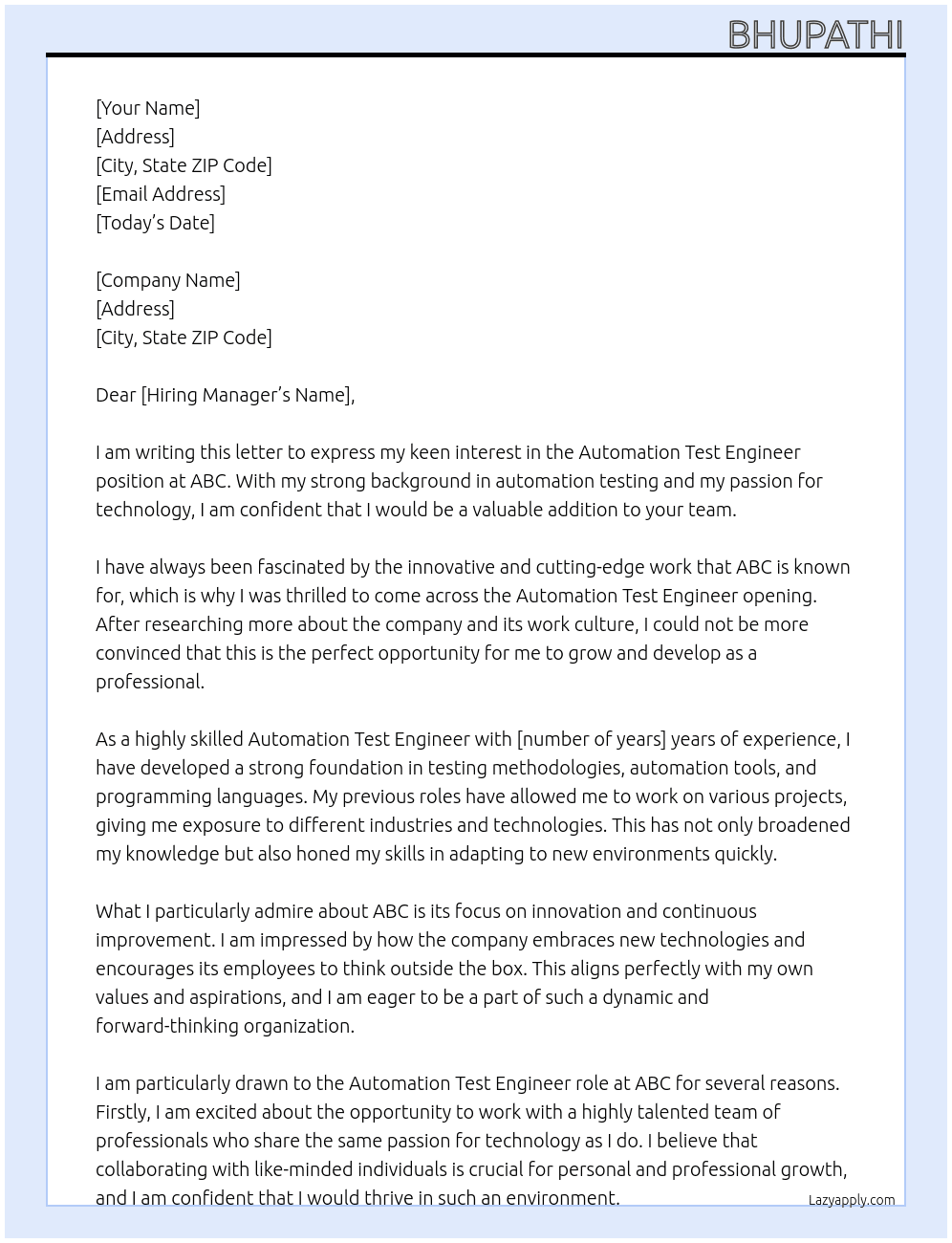 Automation Test Engineer At ABC Cover Letter