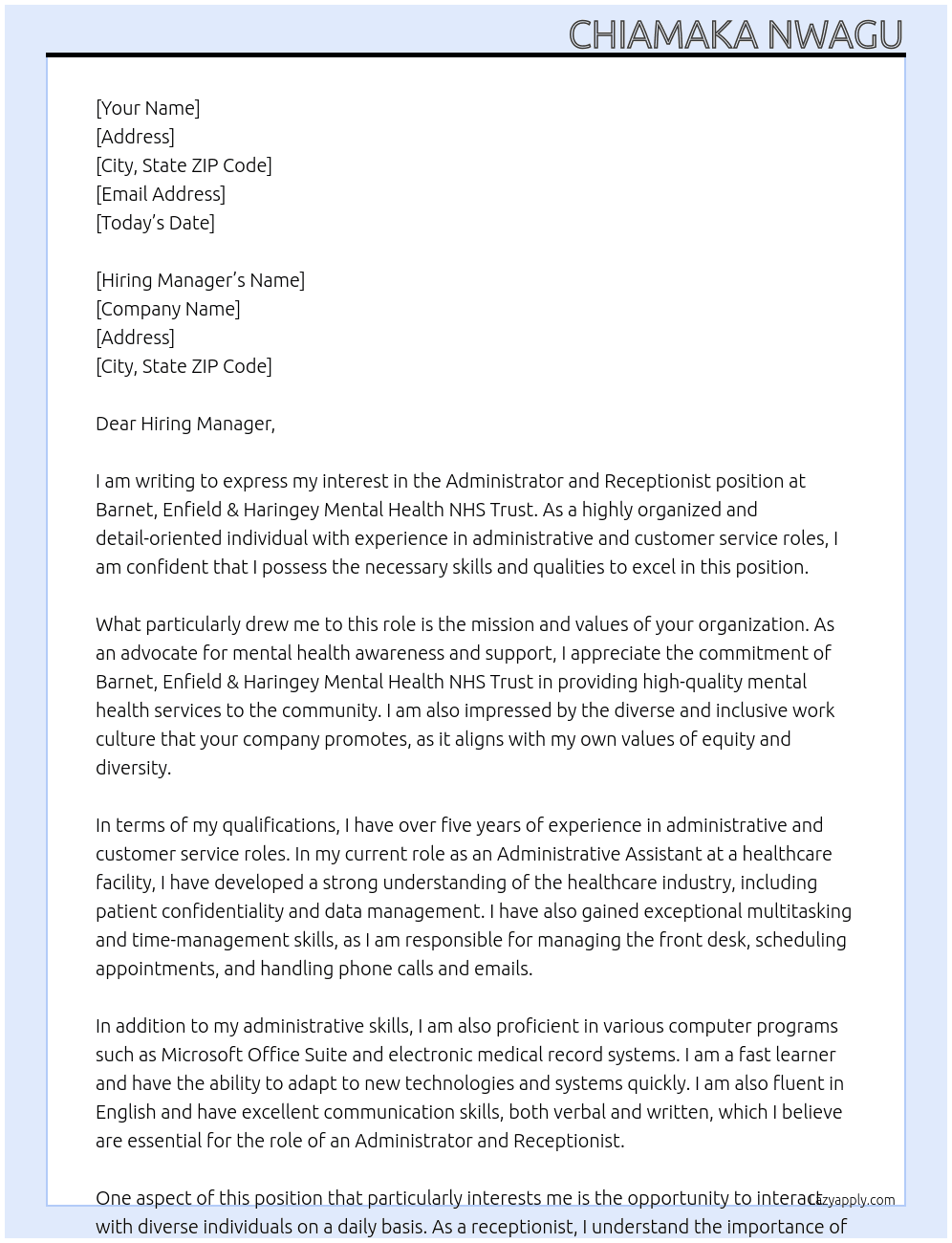 Administrator and Receptionist At Barnet, Enfield & Haringey Mental Health NHS Trust Cover Letter