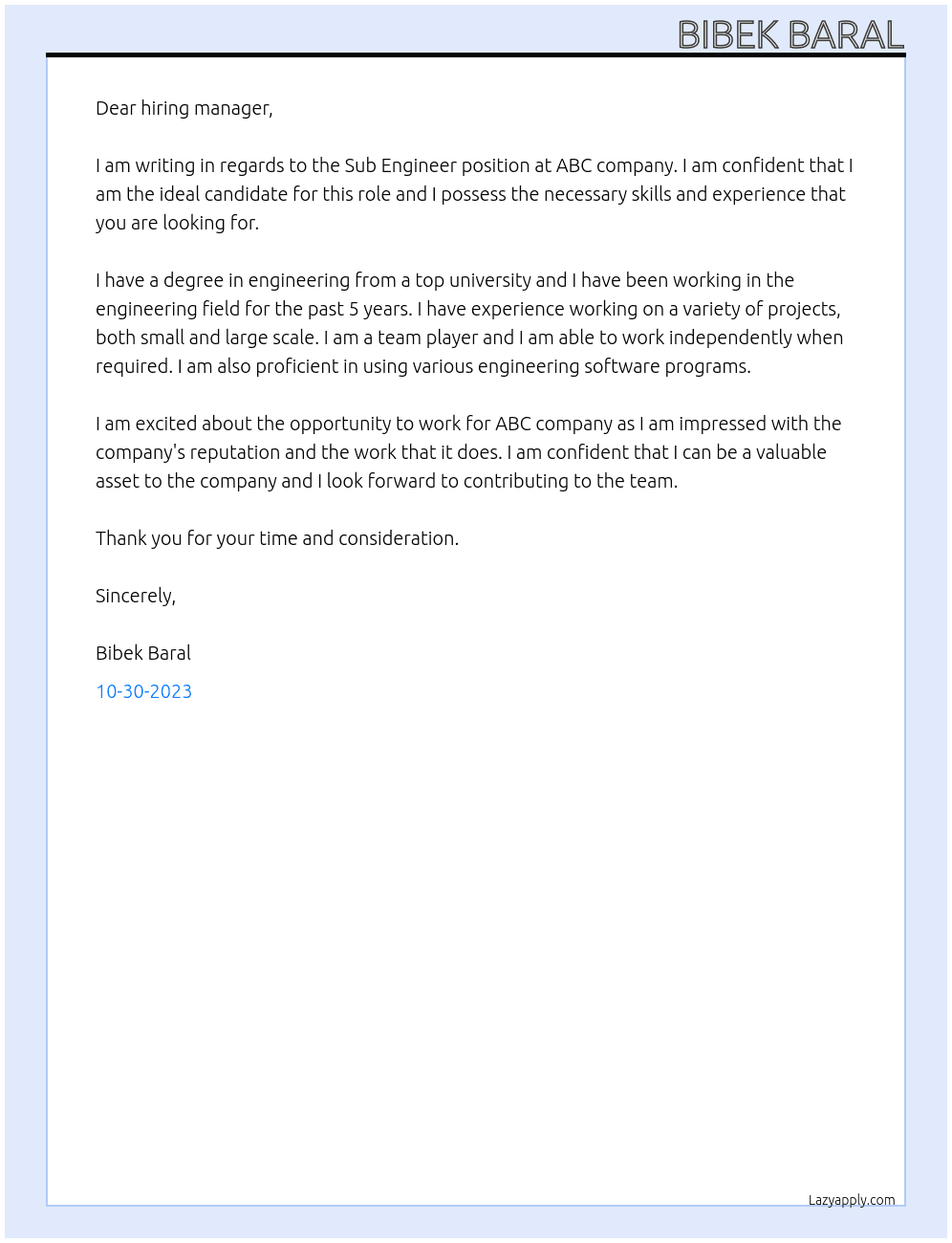 Sub Engineer  At abc Cover Letter