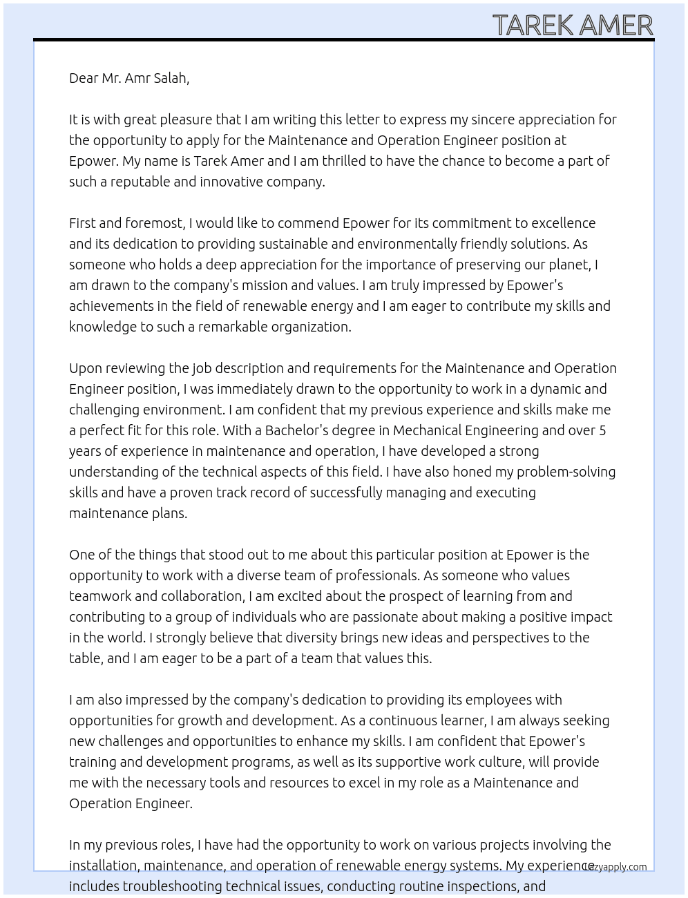 Cover letter for maintenance and operation engineer - LazyApply
