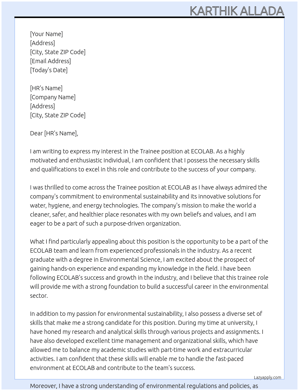 Trainee At ECOLAB Cover Letter