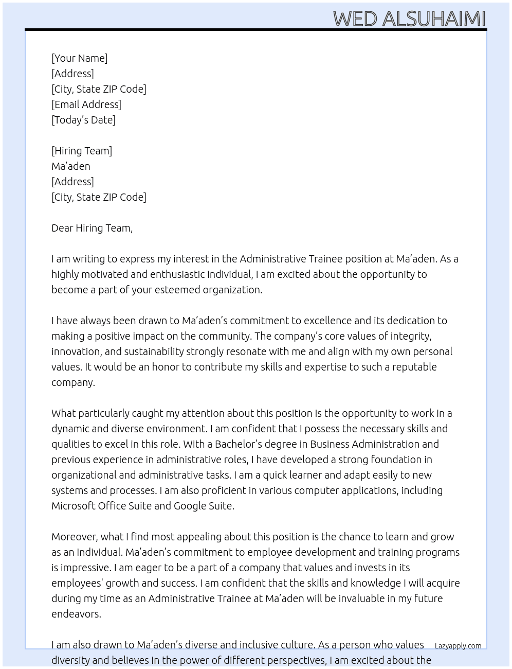 Administrative Trainee At Ma'aden  Cover Letter