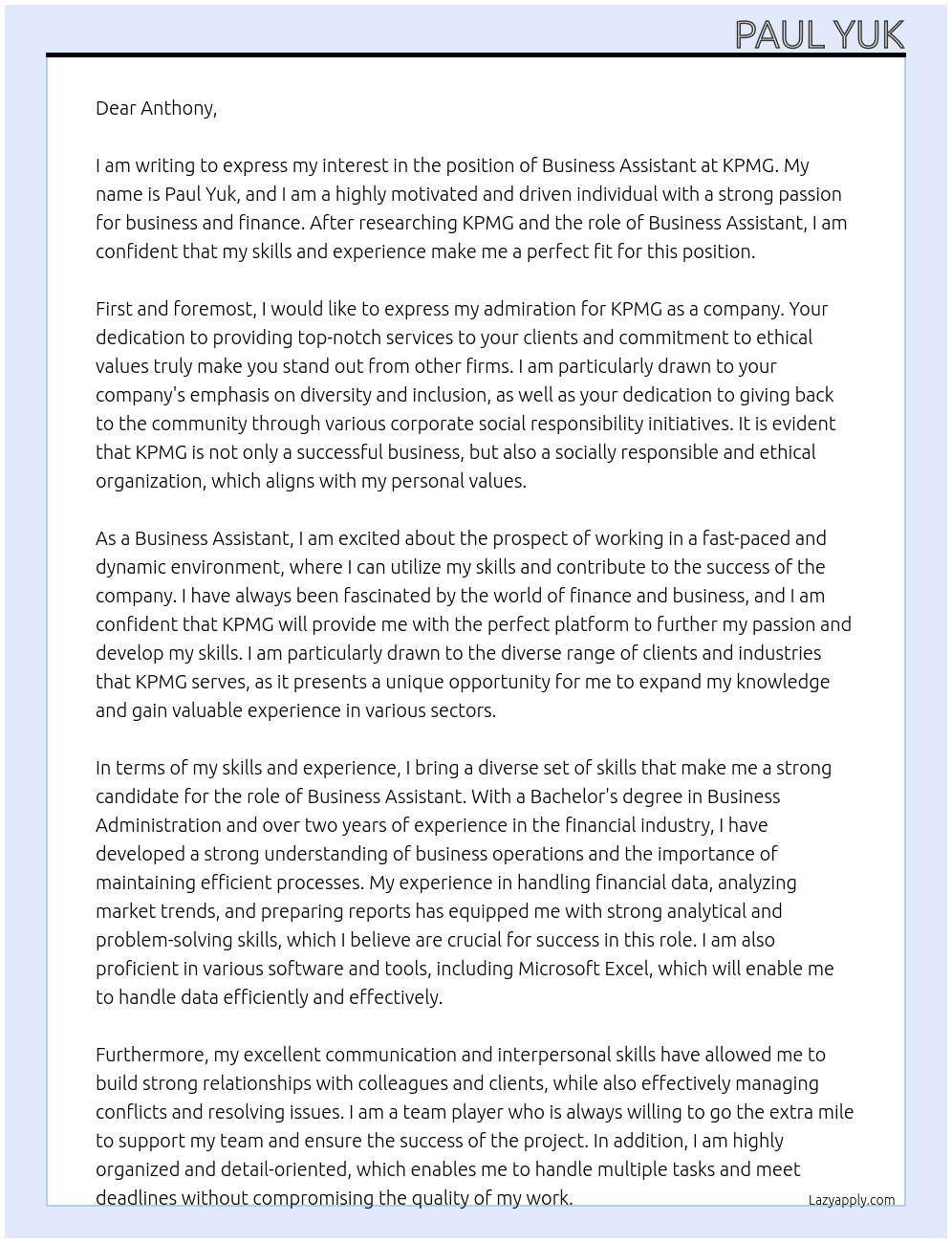 Business Assistant At KPMG Cover Letter