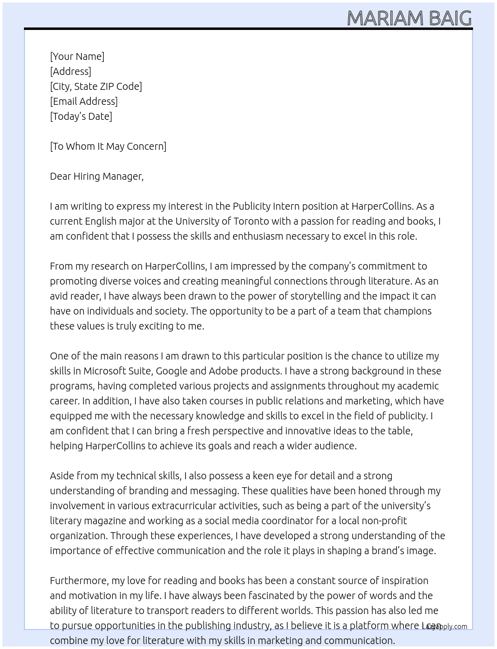 Publicity Intern At HarperCollins Cover Letter