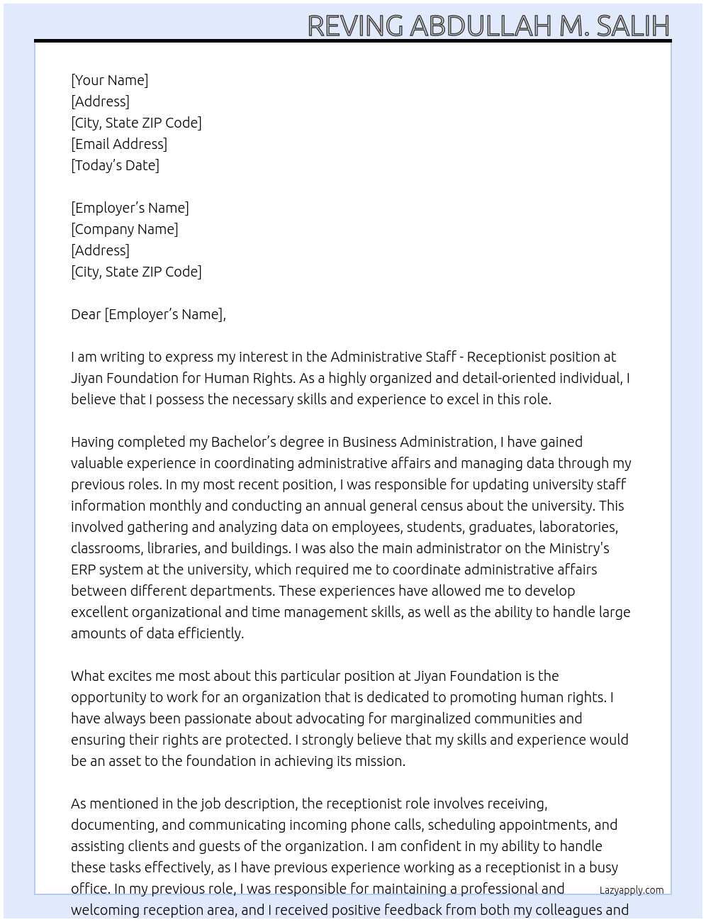 Administrative Staff - Receptionist At Jiyan Foundation for Human Rights Cover Letter